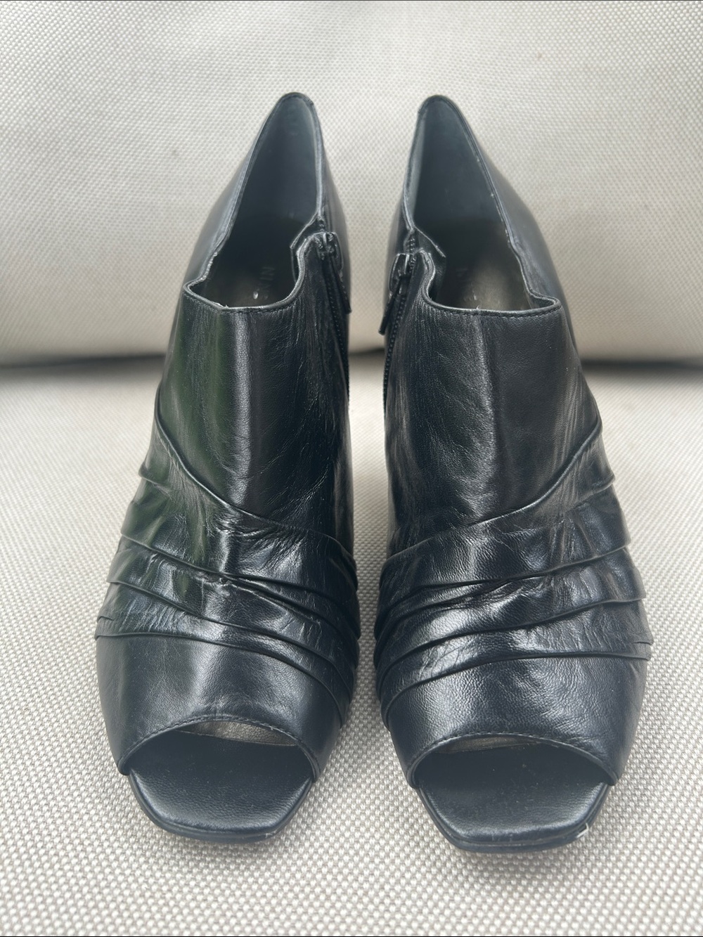 Nine West Black Leather Peep-Toe Mules with Ruched Detail